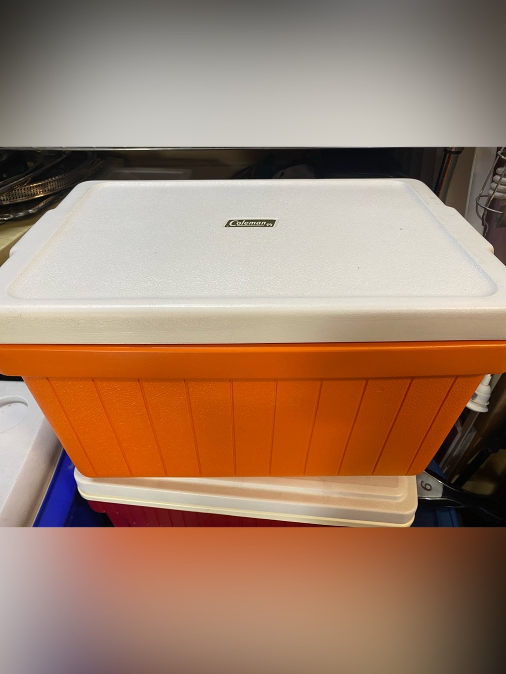 Vintage Coleman Poly Lite orange cooler, made in Canada, retro camping 21”x13”